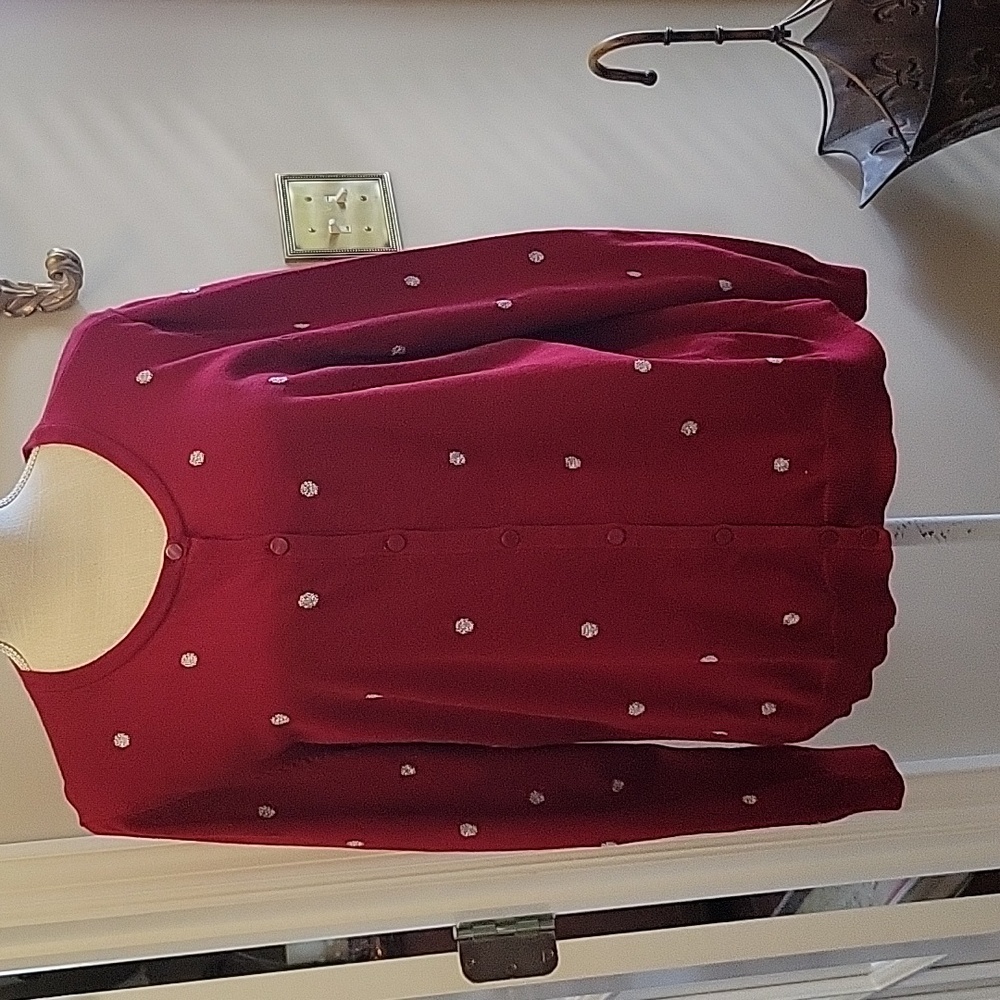 Talbots dark red cardigan sweater silver polka dots button closure size XL EUC …